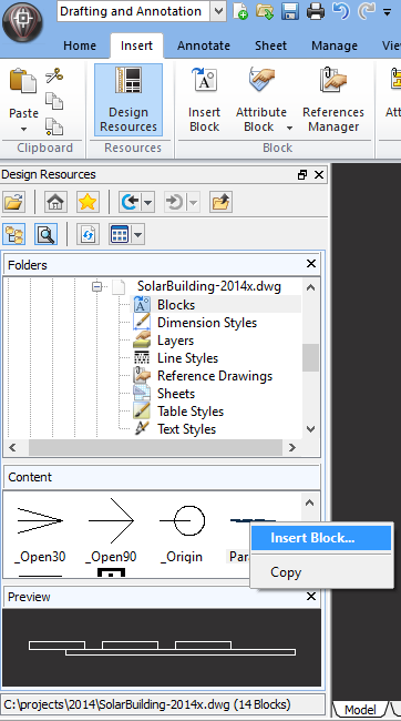 Design Resources docker in CorelCAD 2014 on Windows