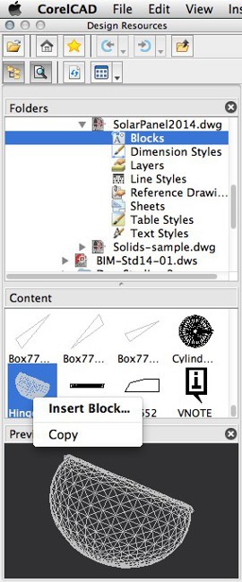 CorelCAD 2014 on Mac OS X- Design Resources palette