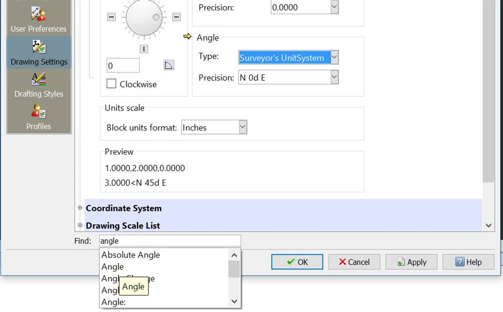 CorelCAD 2016.5 - Options dialog with Find tool ("Angle" settings)