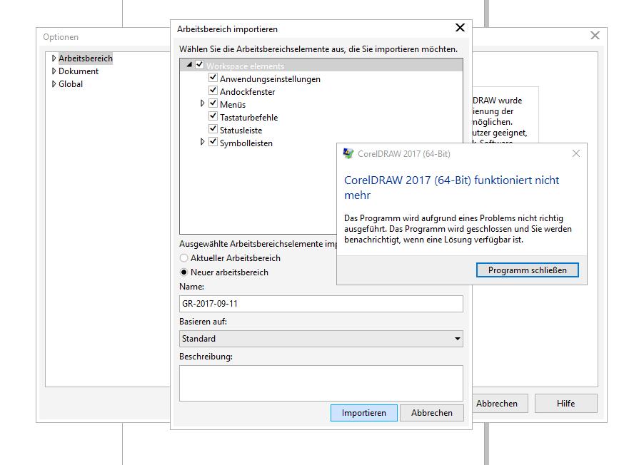 Error And Crash While Importing Workspaces Coreldraw 2017