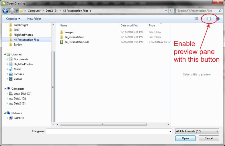 unable to view file preview in corel x5 windows 10