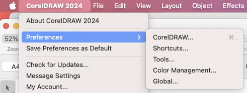 CorelDRAW 2024 application menu on Mac